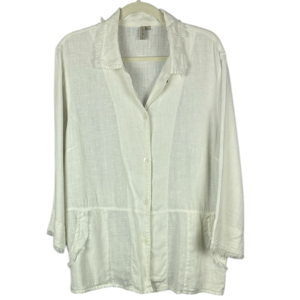 By JJ 100% Linen Stylish White Linen Blouse with Fringe Detail Size Large